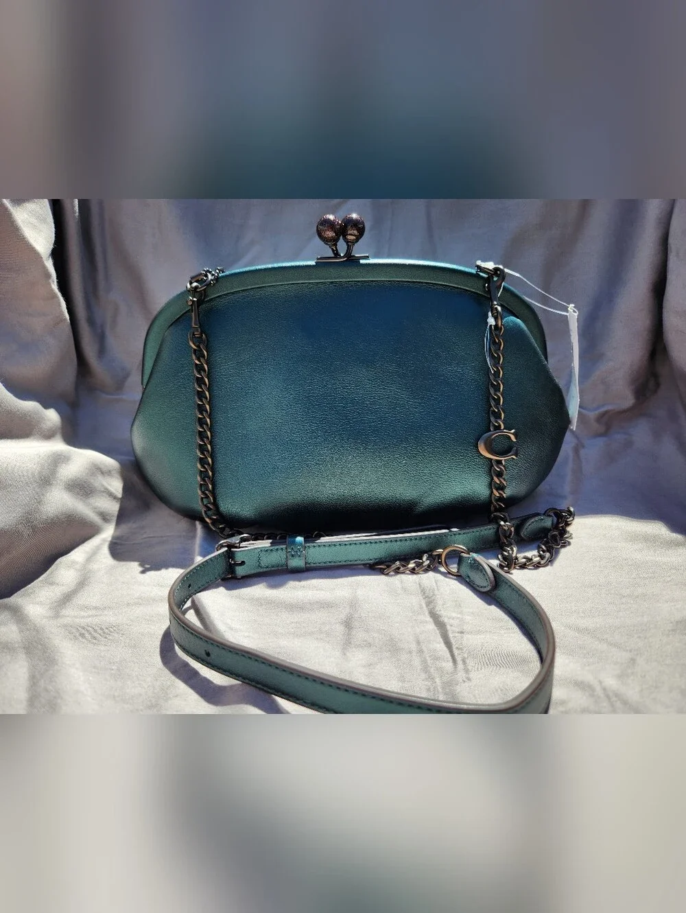 Coach Teal Metallic Leather Kiss-Lock Clutch - Picture 1 of 16
